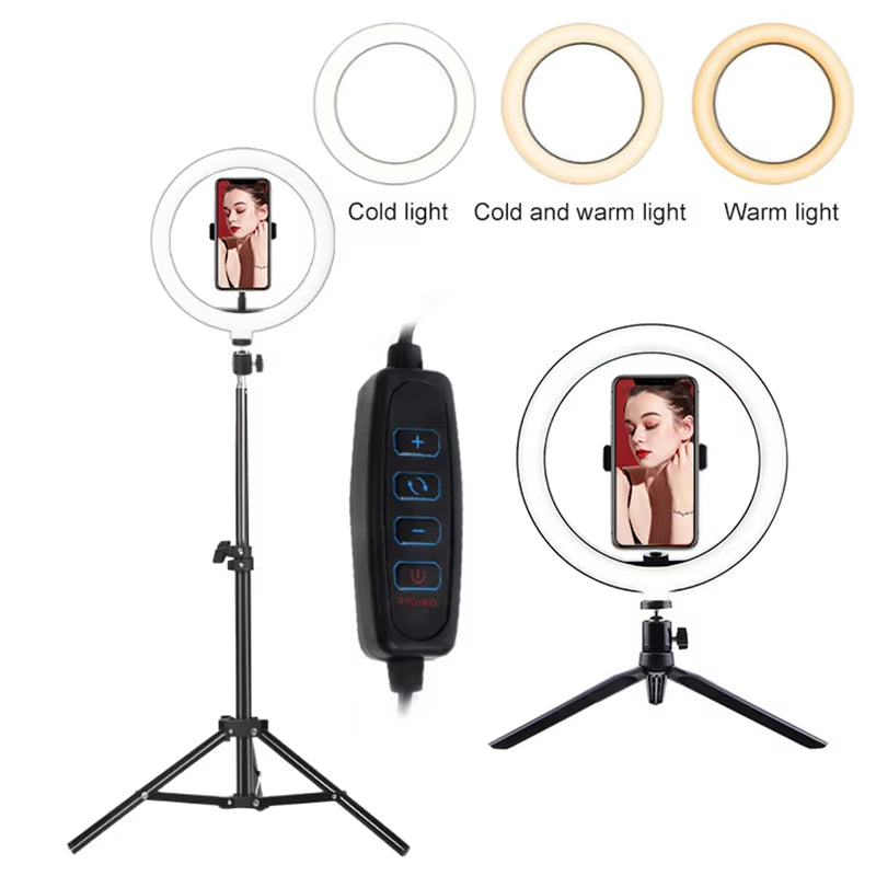 10 Inch Ring Light with Tripod Stand y su control para diferentes tonalidades de luz.