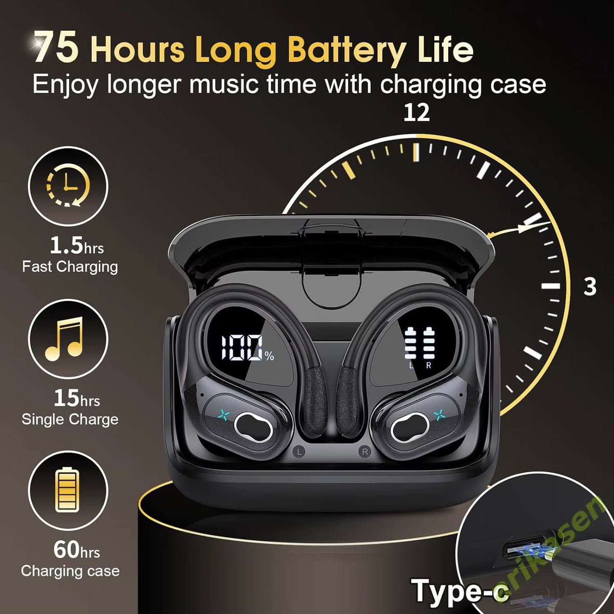 Bluetooth 5.3 Headphones 2024 Wireless Earbuds 75Hrs Sport Bluetooth Earphone with Noise Cancelling Mic IPX7 Waterproof Headsets