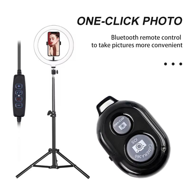 10 Inch Ring Light with Tripod Stand y control remoto Bluetooth para tomar fotos fácilmente.